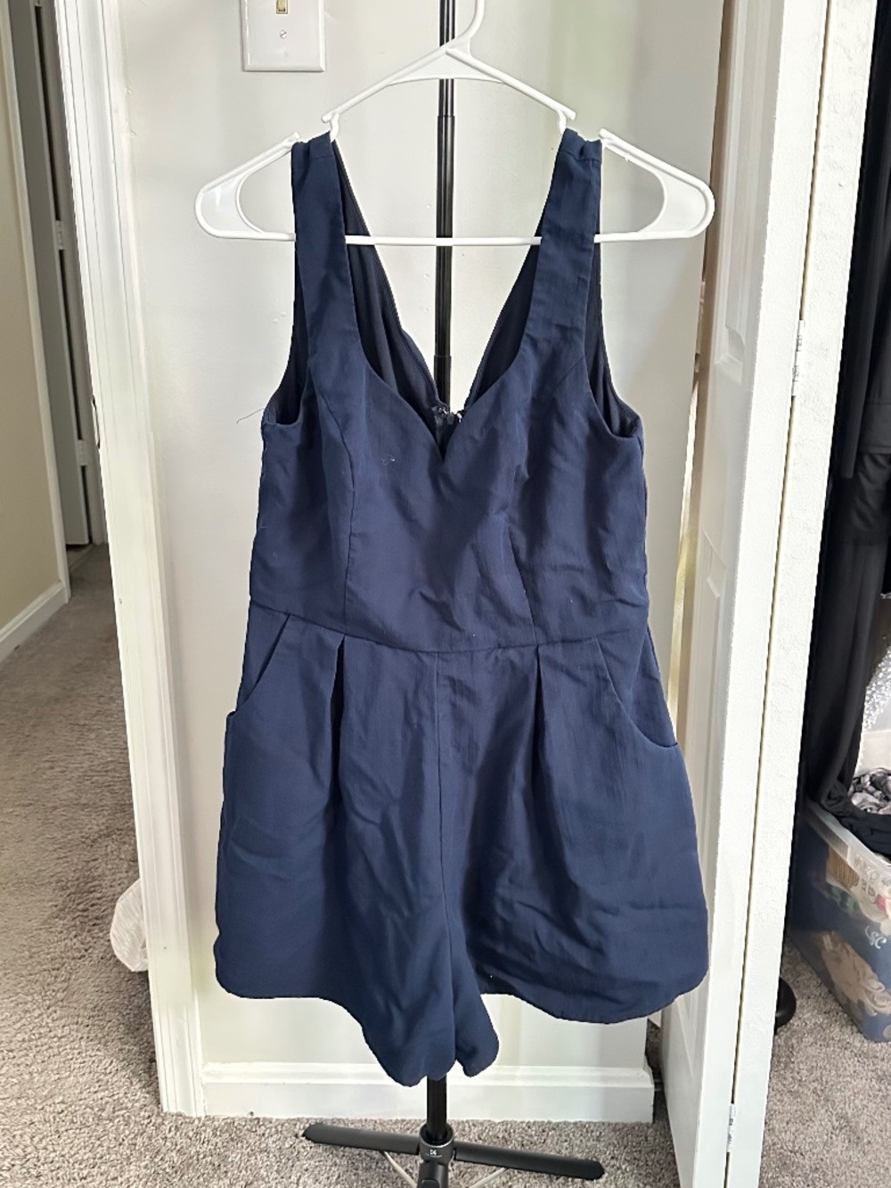 Trixxi Navy Romper - V-Neck, Pleated Shorts, Women’s Large